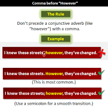 However and nevertheless are most commonly used to start a sentence. However Period Full Stop Comma Or Semicolon Before