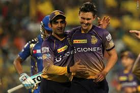 Gautam Gambhir Captain And Trent Boult Of Kolkata Knight Riders Celebrates Wicket Of Lendl Simmons Of Mumbai Indians During Match 54 Of The Vivo 2017 Indian Premier League Between The Kolkata Knight
