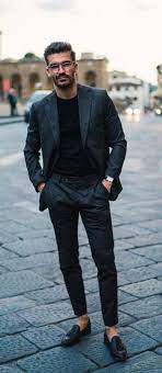Justusf Hansen With A Business Casual Combo With A Gray Suit With A Black T Shirt Black Leather Banded W Loafers Men Outfit Mens Outfits Mens Fashion Casual