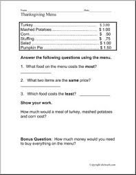 In this consumer math lesson, 9th graders view a restaurant menu and identify the different prices per item. Worksheet Thanksgiving Restaurant Menu Elementary Abcteach
