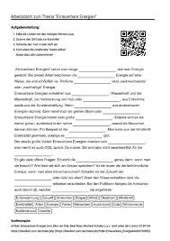 Arbeitsblatt Mit Luckentext Zum Thema Erneuerbare Energien Erneuerbare Energien Aufgabenstellung Energie