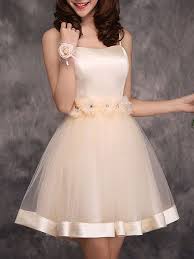 2016 Homecoming Dress Fashion Champagne Flowers Gauze Princess Straps Bridesmaid Mini Dress Satin Homecoming Dress Prom Dresses Short Bridesmaid Mini Dresses