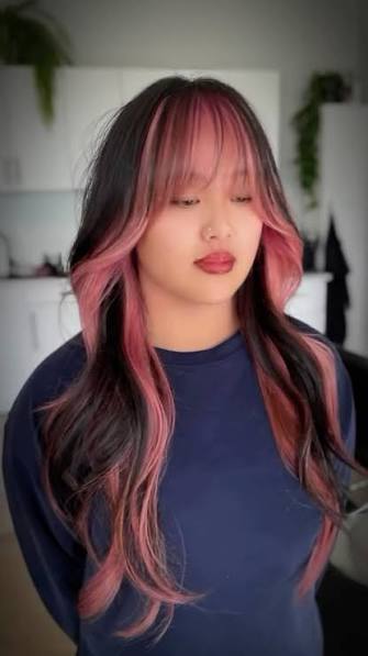 Pink Peekaboo Hair +Hushcut , Calgary Korean Hairstylist , #pinkhair #pinkpeekaboo #peekaboohair #hushcut #wolfcut #longlayerhaircut #calgaryhairstylist