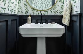 The log pedestal sink is homemade by the reader in log. A White Pedestal Sink Is Contrasted With A Matte Black Faucet And Fixed In Front Of A Black Board An In 2021 Pedestal Sink Powder Room Wallpaper Room Wallpaper Designs