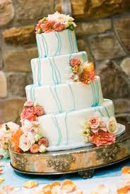 Wedding Cake With Coral Colored Flowers Coral Wedding Cakes Tiffany Blue Wedding Blue Wedding Flowers