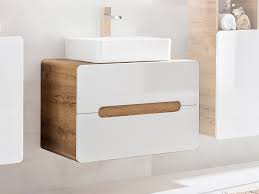 Bathroom vanity sink units have grown in popularity over the last few years as people seek to hide their toiletries and achieve a minimalist style creating additional storage, without compromising on style or space. Modern Counter Top White Gloss Oak Wall Vanity Bathroom 80cm Unit Cabinet With Drawers Impact Furniture