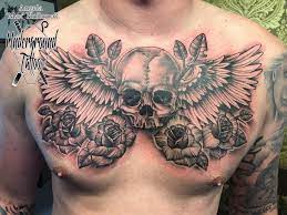 Wings Skull And Rose Chest Piece From Maz Chest Piece Tattoos Cool Tattoos For Guys Chest Tattoo