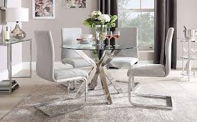 Find a common characteristic that ties the pieces together to create an eclectic yet cohesive presentation that's fresh and inspired. Plaza Round Chrome And Glass Dining Table With 4 Perth Dove Grey Fabric Chairs Furniture And Choice