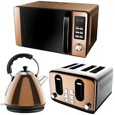 Rose Gold Copper Effect Microwave Pyramid Kettle 4 Slice Toaster Set Kitchen New Rose Gold Kitchen Appliances Copper Kitchen Accessories Rose Gold Kitchen