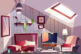Children bedroom study room wall decor painting nordic simple fresh. Messy Garret Bedroom Cartoon Vector Illustration Interior Design Dining Room Attic Bedroom Bedroom Decor Cozy