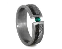 Emerald Wedding Band Or Mens Engagement Ring Titanium Ring With Dinosaur Bone And Meteori Tsavorite Garnet Engagement Ring Garnet Wedding Rings Garnet Wedding
