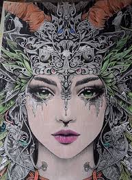 Finished mythographic aquatic artwork with metallic pencils