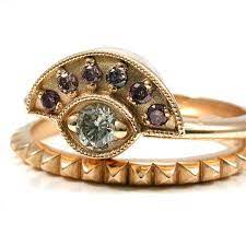 Purple And White Diamond Egyptian Engagement Ring Set 18k Yellow Gold Pyramids And Evil Eye Wedding Joyas Diamante Blanco Joyeria
