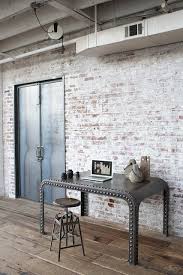 White Washed Brick Studded Metal Table Industrial Home Offices Industrial House White Wash Brick