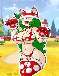 1girls bowser's fury breasts cat ears catgirl cleavage dodo-bot  female female only gloves green hair human humanized large breasts long  hair mario (series) pale skin piranha plant piranha plant