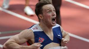 Warholm reacts to his 400m hurdles victory. Warholm Smashes 400m Hurdles World Record Courtesy Feed