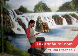 Gambar lukisan aliran deras air terjun mampu memanjakan setiap mata yang memandangnya. Lukisan Pemandangan Alam 3 Dimensi Lukisan Mural