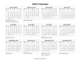 A printable quarterly spreadsheet calendar for 2022 template with australia holidays describes four months on one page. Download Blank Calendar 2022 With Us Holidays 12 Months On One Page Horizontal