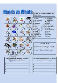 Needs and wants kindergarten social studies needs wants. Needs Vs Wants Esl Worksheet By Jij3808