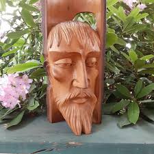 Wood Tree Spirit Figural Carving Rustic Original Hand Carved Bearded Man 16 