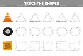 jeu éducatif pour les enfants tracer les formes carré boîte en bois  triangle cône de signalisation cercle pneu roue feuille de travail  imprimable 9638983 Art vectoriel chez Vecteezy