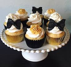 Black And Gold Cupcake Toppers Black Bow And Gold Flower Cupcake Topper 12 Count Black Gold Party Black Cupcakes Black Gold Wedding