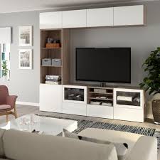 Besta Tv Storage Combination Glass Doors Walnut Effect Light Gray Selsviken High Gloss White Clear Glass 94 1 2x15 3 4x90 1 2 Order Here Ikea Tv Storage Ikea Glass Door