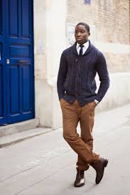 Black Pants And Brown Boots Men Men S Navy Shawl Cardigan White Dress Shirt Brown Chinos Dark Brown Leather Chelsea Boots Mens Outfits Pants Outfit Men White Shirt Men