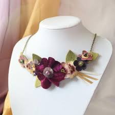 Pansy Flower Statement Necklace In Plum Burgundy Pink Mustard Yellow Gold Fabric Floral Textil In 2021 Flower Statement Necklace Pansies Fabric Flowers