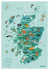 Tailles indiquées comme hauteur x largeur. A2 Wildlife Map Of Scotland Print Art Carte Cartes Illustrees Carte