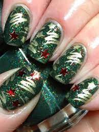 Stylized Christmas Trees On Red Gold And Green Glitter Christmas Nail Designs Christmas Tree Nails Xmas Nails