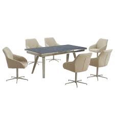Dining table, 4 dining chairs and 2 swivel rockers cushions are made with sunbrella® fabric that is resistant to stains, mildew, chlorine and fading rated 4.4 out of 5 stars based on 68 reviews. Grey Textured Glass Dining Table And 6 Swivel Chairs Homegenies