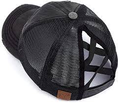 Funky Junque Womens Baseball Cap Dad Hat Ponytail Messy Bun Trucker Ponycap Distressed Black W Criss Cross Back At A Womens Baseball Cap Dad Hats Criss Cross