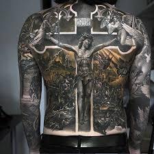 Tattoo kits, needles & more. Black Ink 3d Jesus On Cross Tattoo On Man Full Back