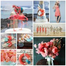 Our coastal breeze bridal collection has a mixture of shades of mint, turquoise, natural white and coral sola wood flowers. Coral And Light Blue Wedding Pinspiration Board Light Blue Wedding Beach Wedding Colors Beach Wedding Colors Schemes