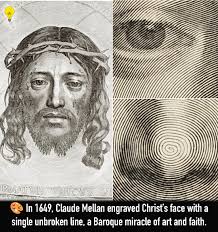 🎨 In 1649, French engraver Claude Mellan stunned the Baroque world with a  feat that seemed impossible: he engraved the face of Christ using just one  single line. The masterpiece, known as “