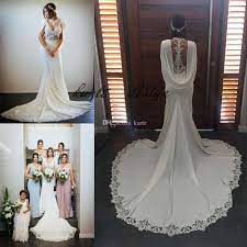 Lace Chiffon Bohemian Greek Goddess Wedding Dresses With Cape Cloak 2018 Modest V Neck Lace Edge Boho Greece Bridal Wedding Dress Affordable Lace Wedding Dresse Cape Wedding Dress Bridal Gowns Mermaid