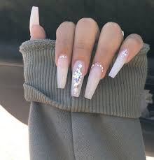These cute nails mix traditional nail art, as seen by the chevron design, with stone art seamlessly. Truubeautys Ombre Acrylic Nails Rhinestone Nails White Acrylic Nails