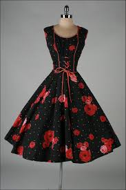 Vintage 1950 S Dress From Millstreet Vintage Black W Red Roses Polka Dots Corset Style In Front T Vintage 1950s Dresses Vintage Dresses Beautiful Dresses