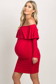 Red Ruffle Trim Off Shoulder Fitted Maternity Dress Fitted Maternity Dress Cute Maternity Dresses Cute Maternity Outfits
