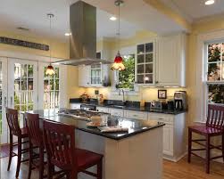 Kitchen with black tiles, natural wood worktop, stove. Yellow Walls White Cabinets Houzz
