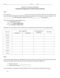 6 1 Practice Worksheet Using Electronegativity To Determine