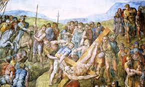In michelangelo's composition everything is centred in the fearful event; Michelangelo Self Portrait Said To Be Found In Vatican Fresco Culture Monster Los Angeles Times