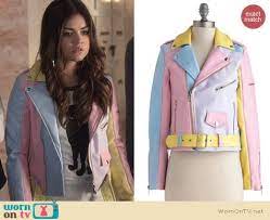 Aria S Pastel Colorblock Leather Jacket And Cat Tee On Pretty Little Liars Pretty Little Liars Outfits Pretty Little Liars Fashion Fashion Tv