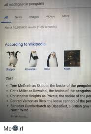 Your daily dose of fun! All Madagascar Penguins All News Images Videosmore About 10500000 Results 105 Seconds According To Wikipedia Kowalski Rico Mort Skipper Cast Tom Mcgrath As Skipper The Leader Of The Penguins Chris Miller As