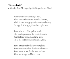 Blood on the leaves and blood at the root, black bodies swinging in the southern breeze, strange fruit hanging from the poplar trees. Nina Simone Sings Strange Fruit By Abel Meeropol No Song Is Safe From Us