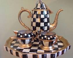 Black And White Teapot Set Handpainted Designer Black White Check Silver Plated Tea Pot Set Painted Teapot Teapot Crafts Tea Pots