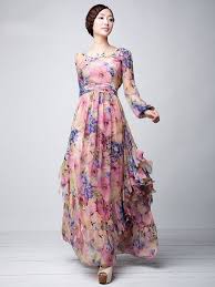 Pink Floral Printed Chiffon Maxi Dress Casual Evening Dresses Maxi Dress Party Maxi Dress