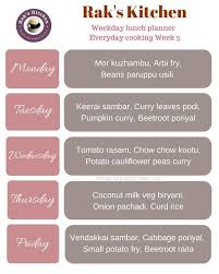 south indian weekday lunch planner 3 weekly menu planners