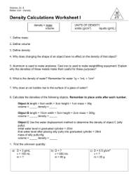 Calculate p given m and v calculate density given mass and volume. Density Calculations Worksheet I
